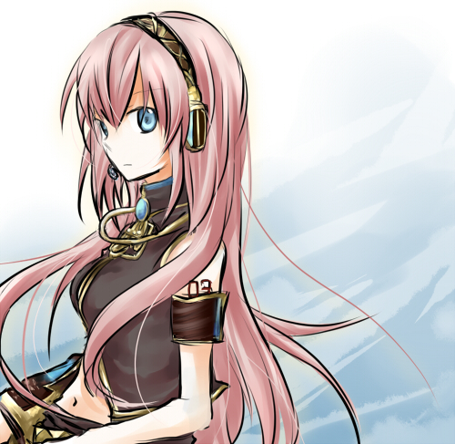hanon mizushiro, megurine luka, vocaloid, bad id, bad pixiv id, lowres, md5 mismatch, 1girl, blue eyes, female focus, headset, long hair, number tattoo, pink hair, shoulder tattoo, solo, tattoo