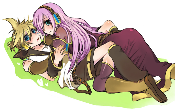 manao, kagamine len, megurine luka, vocaloid, 1boy, 1girl, arm warmers, blue eyes, blue nails, blush, boots, girl on top, height difference, leg warmers, long hair, lying, nail polish, pink hair, ponytail, shota, spiked hair, thighhighs, yellow nails