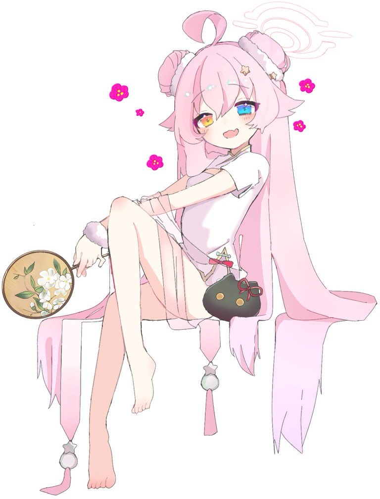 hoshino (blue archive), blue archive, 1girl, ahoge, alternate costume, bare legs, barefoot, blue eyes, blush, breasts, china dress, chinese clothes, double bun, dress, fang, full body, hair between eyes, hair bun, hair ornament, halo, hand fan, heterochromia, holding, holding fan, invisible chair, knee up, lemon eak, long hair, looking at viewer, open mouth, pink hair, pink halo, short sleeves, simple background, sitting, skin fang, small breasts, smile, solo, very long hair, white background, white dress, yellow eyes