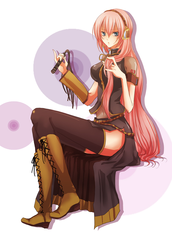 mitsuba (pixiv), shinri mitsuba, megurine luka, vocaloid, 1girl, armband, blue eyes, boots, female focus, headset, knee boots, long hair, midriff, navel, pink hair, sitting, solo, thighhighs, very long hair, whip