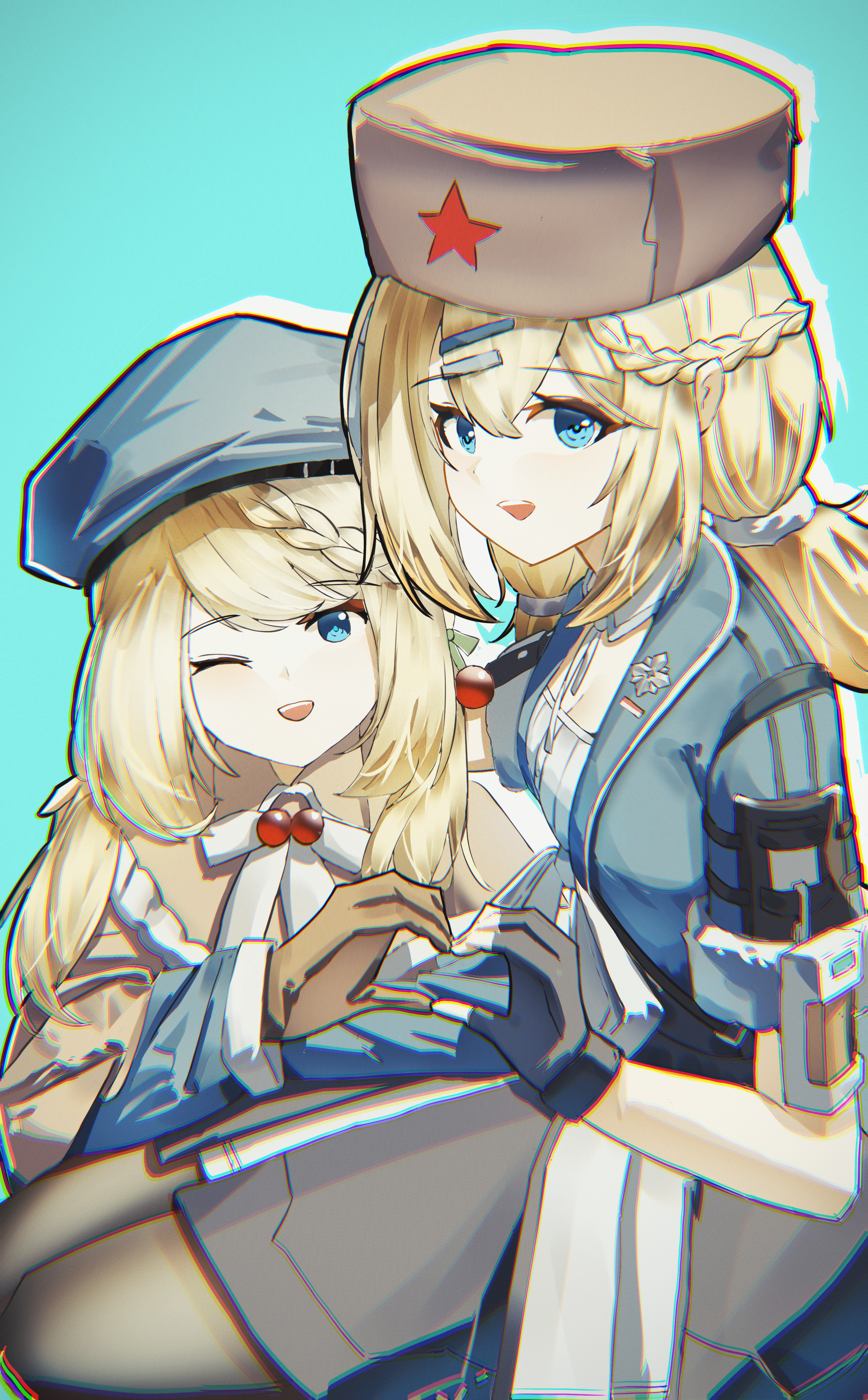 user jyux3852, papasha (girls' frontline 2), ppsh-41 (girls' frontline), girls' frontline, girls' frontline 2: exilium, absurdres, highres, 2girls, :d, ;d, arm around shoulder, beret, black gloves, blonde hair, blue dress, blue eyes, blue jacket, blush, braid, brown capelet, brown gloves, brown hat, capelet, clone, dress, fingerless gloves, gloves, hair between eyes, hair ornament, hairclip, hand up, happy, hat, headwear switch, heart, heart hands, heart hands duo, jacket, long hair, looking at viewer, multiple girls, one eye closed, open mouth, smile, twintails, upper body, white dress