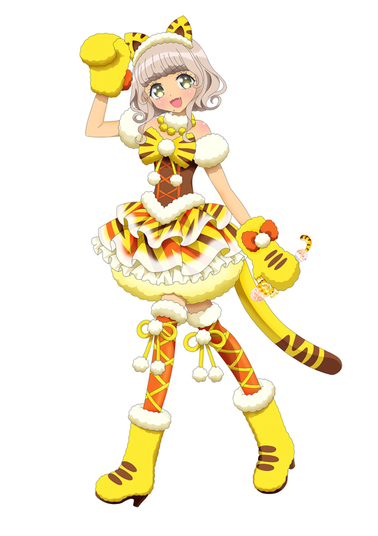 taiyo pepper, pretty series, pripara, official art, second-party source, 1girl, :d, animal ears, animal print, boots, bow, brown hair, cat ears, cat tail, fake animal ears, fake tail, fang, full body, fur-trimmed boots, fur gloves, fur trim, gloves, high heel boots, high heels, holding, holding microphone, layered skirt, looking at viewer, microphone, mole, mole under mouth, open mouth, orange thighhighs, pom pom (clothes), short hair, simple background, skirt, smile, solo, standing, tail, thighhighs, tiger print, white background, yellow boots, yellow bow, yellow gloves, yellow skirt
