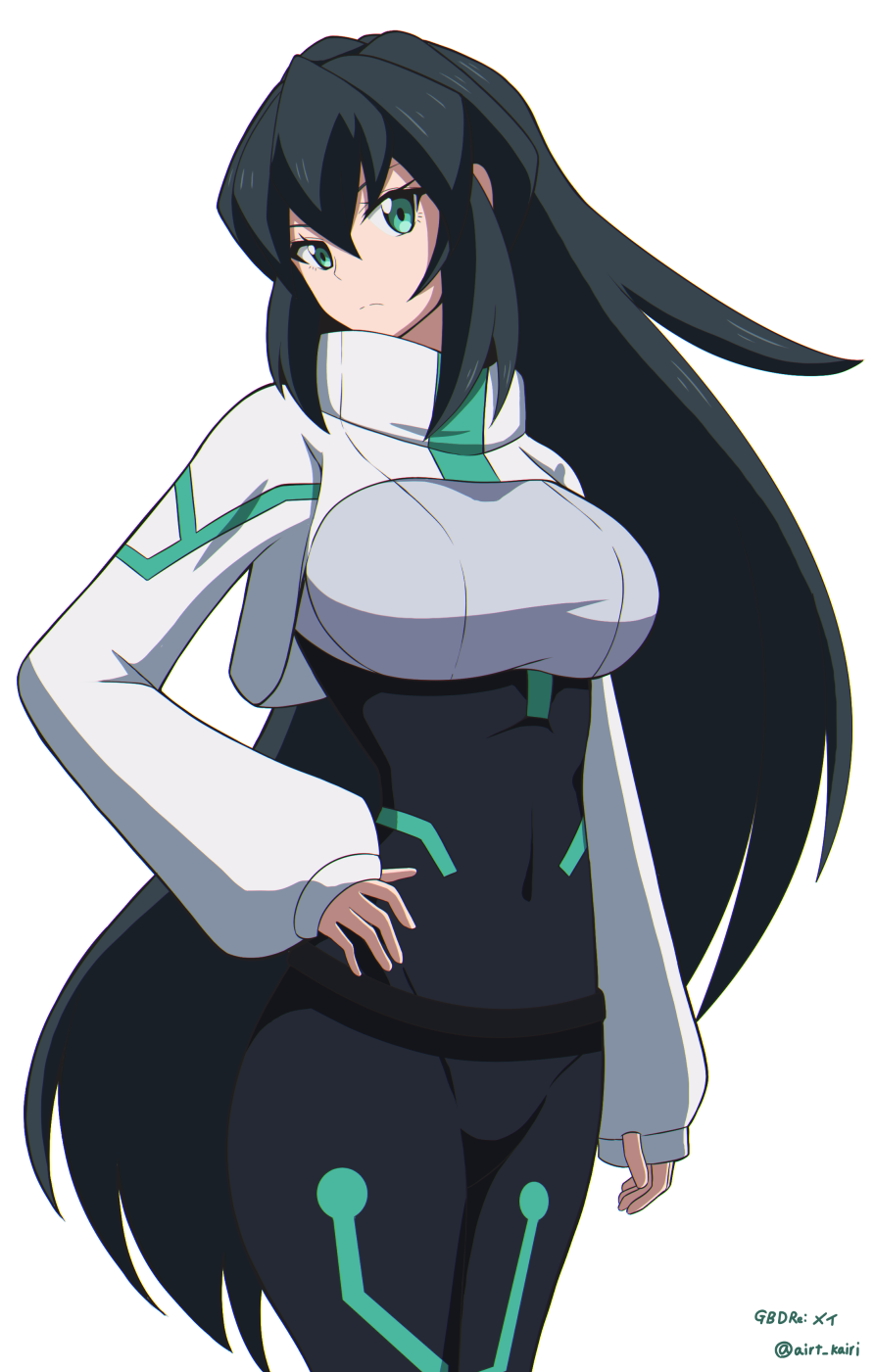 kairi (fotune), may (gundam build divers re:rise), gundam, gundam build divers, gundam build divers re:rise, commentary request, highres, 1girl, artist name, black bodysuit, black hair, bodysuit, breasts, character name, covered navel, green eyes, hand on own hip, large breasts, long hair, looking at viewer, shrug (clothing), solo, very long hair, white background