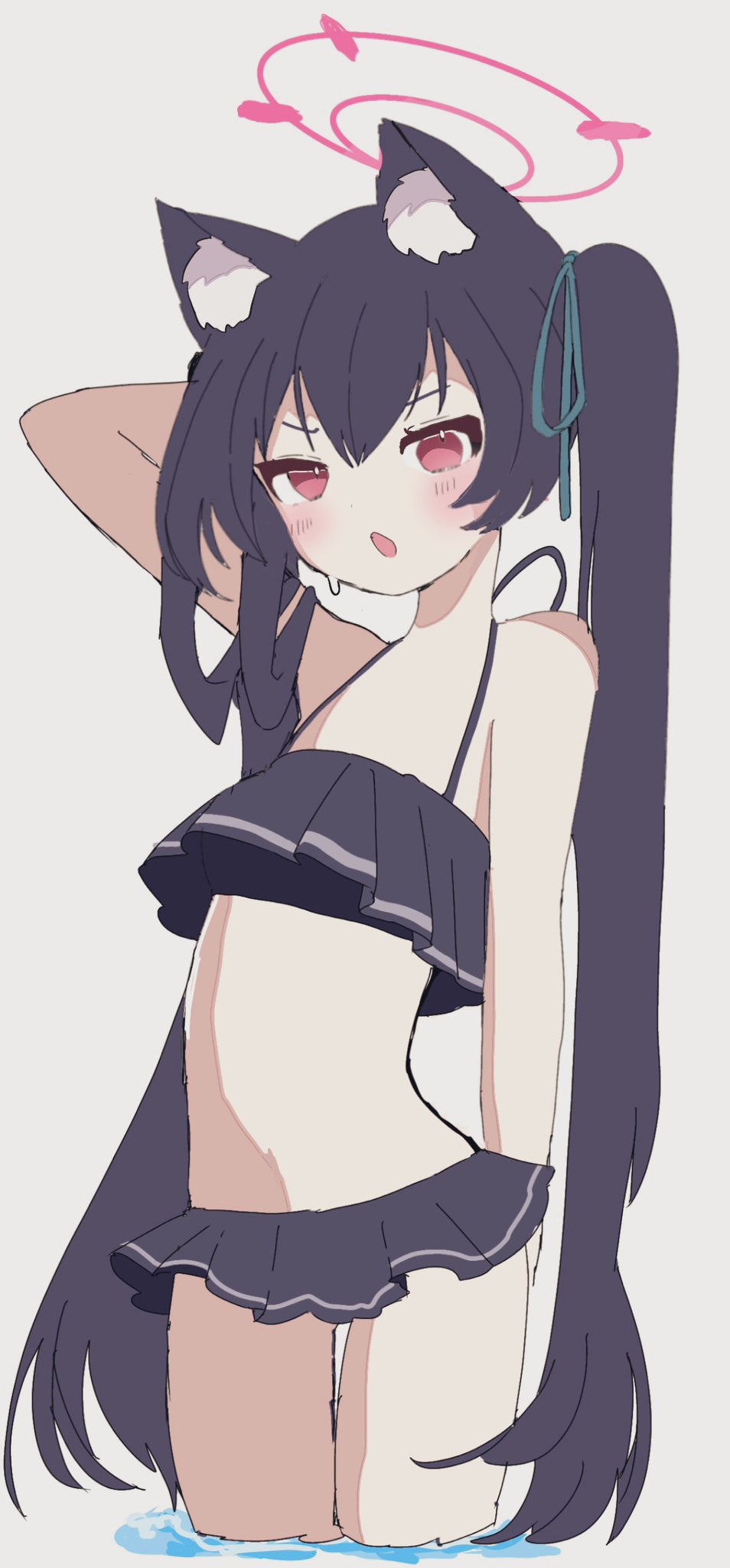 serika (blue archive), serika (swimsuit) (blue archive), blue archive, highres, 1girl, animal ear fluff, animal ears, aqua ribbon, arm behind head, bikini, bikini skirt, black bikini, black hair, blush, cat ears, fang, flat chest, frilled bikini, frills, grey background, hair ribbon, halo, lemon eak, long hair, looking at viewer, navel, official alternate costume, open mouth, red eyes, ribbon, simple background, solo, swimsuit, twintails, very long hair, wading, water