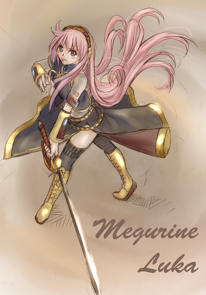 urushizawa takayuki, megurine luka, vocaloid, blue eyes, boots, knee boots, long hair, pink hair, sketch, solo, sword, thighhighs, walking, weapon