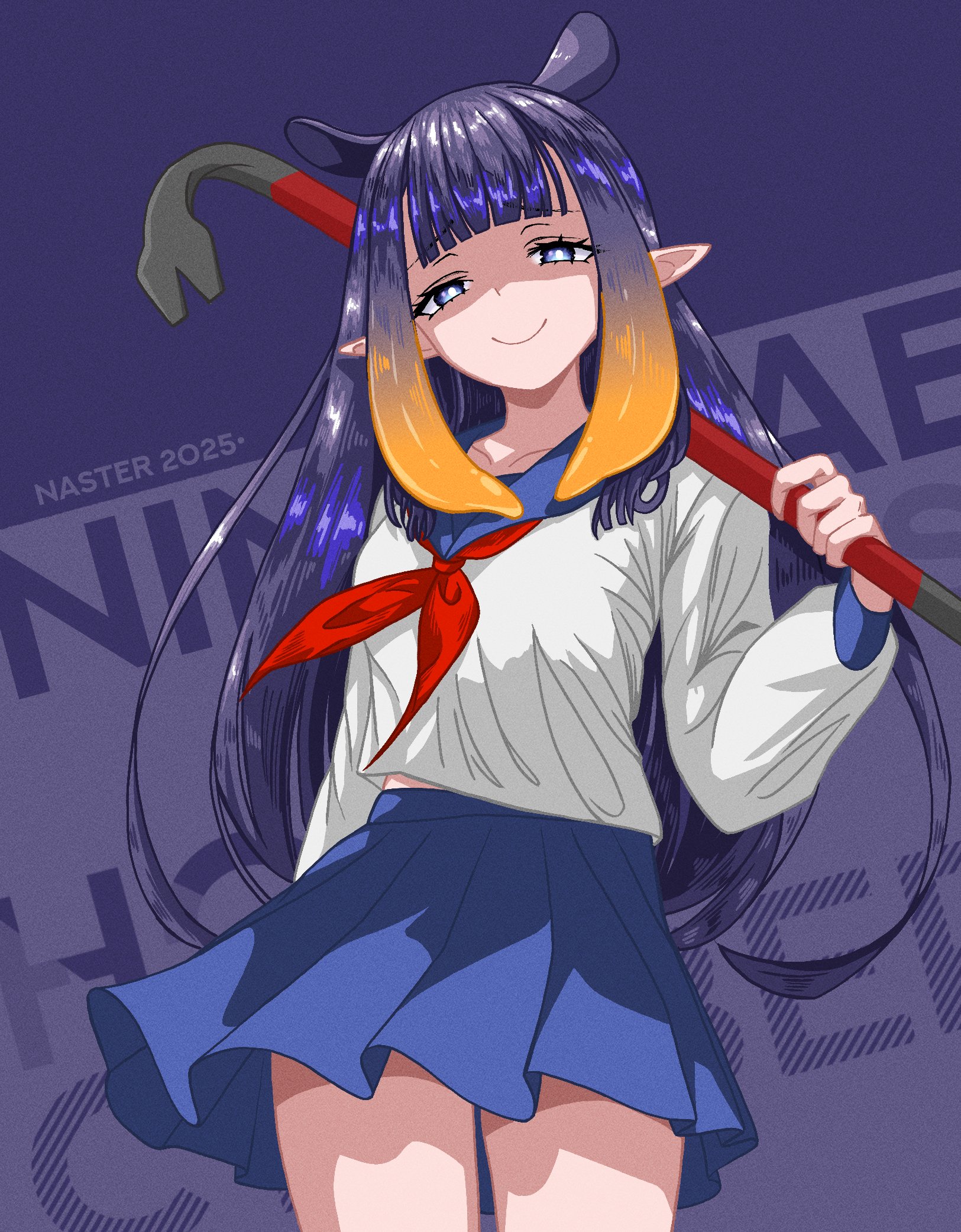 nasterro, ninomae ina'nis, hololive, hololive english, highres, 1girl, alternate costume, crowbar, looking at viewer, multicolored hair, neckerchief, orange hair, pointy ears, purple eyes, purple hair, school uniform, serafuku, skirt, smile, sneer, solo, tentacle hair, virtual youtuber