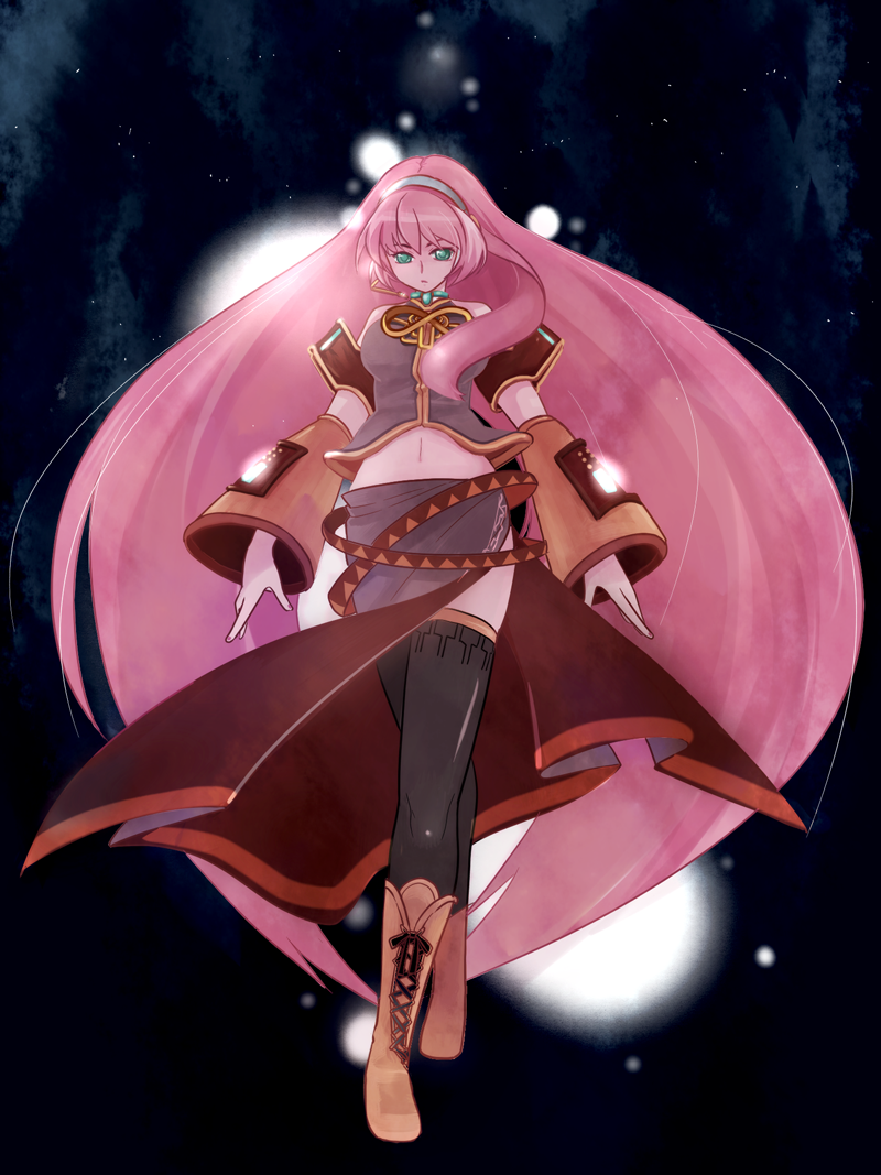 ayaki (pixiv 23156), megurine luka, vocaloid, bad id, bad pixiv id, boots, green eyes, headset, long hair, pink hair, solo, thighhighs, very long hair