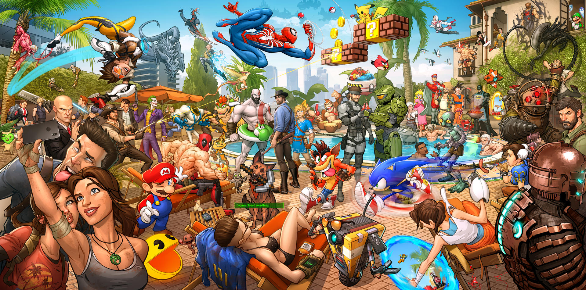 agent 47, batman, big daddy (bioshock), bowser, chun-li, ciri, clank, cloud strife, crash bandicoot, deadpool, dogmeat, donkey kong, dovahkiin, dr. eggman, earthworm jim, ellie (the last of us), franklin clinton, isaac clarke, joel (the last of us), john marston, kratos (god of war), lara croft, licker (resident evil), link, little sister (bioshock), luigi, mario, master chief, meat boy, michael de santa, nathan drake, niko bellic, pac-man, pikachu, princess peach, ratchet (ratchet & clank), red (angry birds), sackboy, son goku, sonic the hedgehog, spider-man, the joker, tracer (overwatch), trevor philips, xenomorph, yoshi, alien (series), angry birds, assassin's creed (series), batman: arkham (series), batman (series), bioshock (series), borderlands (series), capcom, crash bandicoot (series), dc comics, dead space (series), deadpool (series), destiny (game), donkey kong (series), dragon ball, duck hunt, duke nukem, earthworm jim (series), fallout, fallout 4, final fantasy, final fantasy vii, god of war, grand theft auto, grand theft auto iv, grand theft auto v, halo (series), heavy rain, hitman (game), infamous, little big planet, mario (series), marvel, mass effect (series), mega man (series), metal gear (series), minecraft, mirror's edge (series), mortal kombat (series), nintendo, oddworld, overwatch, pac-man (game), pokemon, portal (series), ratchet & clank, red dead redemption, red dead redemption (series), red dead redemption 2, resident evil, sonic (series), spider-man (series), star wars, street fighter, super meat boy, the elder scrolls, the elder scrolls v: skyrim, the last of us, the last of us (series), the legend of zelda, the lego group, the lego movie, the witcher (series), tomb raider, uncharted, character request, copyright request, highres, non-web source, 6+boys, 6+girls, ? block, abe (oddworld), bald, beard, bikini, bird, black hair, blonde hair, blood, blue eyes, blue lightsaber, brown hair, building, bun cover, cellphone, chair, crossed arms, deck chair, dragon, drink, drum, duck, duke nukem (series), energy sword, facial hair, fishing rod, folding chair, gen 1 pokemon, grill, gun, handgun, hat, holding, holding drink, holding fishing rod, holding gun, holding phone, holding sword, holding weapon, hot dog, instrument, jewelry, lightsaber, multiple boys, multiple girls, mustache, mustache stubble, necklace, necktie, nuka cola, one eye closed, orange hair, origami, overalls, palm tree, phone, poke ball, poke ball (basic), pokemon (creature), pool, portal (object), radaway, red necktie, skyscraper, spiked bikini, stubble, swim ring, swimsuit, sword, tongue, tongue out, tree, weapon, zombie
