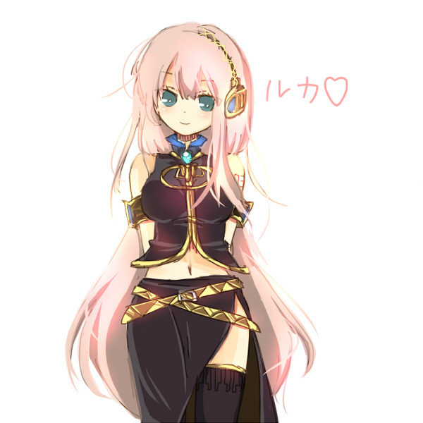 umi (umi02), megurine luka, vocaloid, bad id, bad pixiv id, arms behind back, long hair, number tattoo, pink hair, shoulder tattoo, smile, solo, tattoo, thighhighs