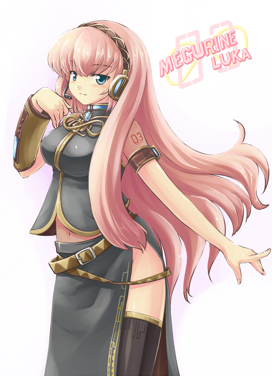 tdk, megurine luka, vocaloid, highres, blue eyes, headset, long hair, number tattoo, pink hair, shoulder tattoo, solo, tattoo, thighhighs