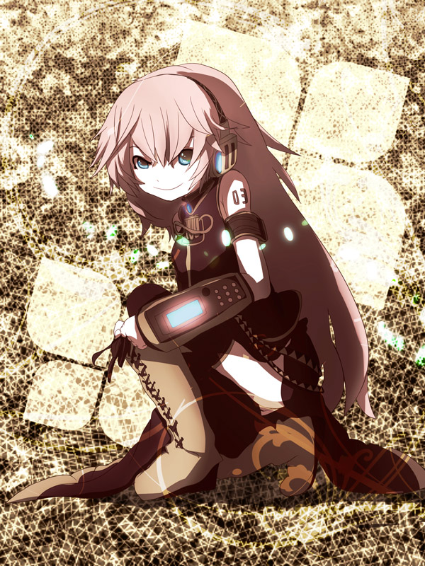 itaru, megurine luka, vocaloid, blue eyes, boots, knee boots, kneeling, long hair, pink hair, shoe tying, smile, solo, thighhighs