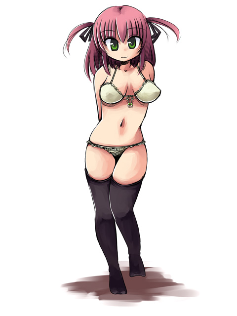 khmix, 1girl, arms behind back, bra, female focus, green eyes, lingerie, panties, pink hair, simple background, solo, thighhighs, twintails, underwear, underwear only