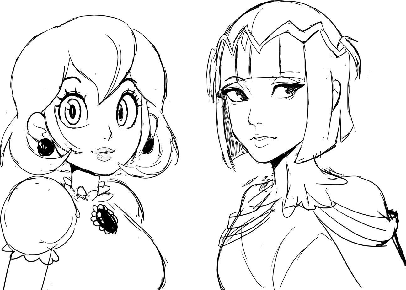teevo, princess peach, tharja (fire emblem), fire emblem, fire emblem awakening, mario (series), nintendo, 2girls, alternate hairstyle, bob cut, breasts, brooch, circlet, cleavage, dress, earrings, jewelry, looking at viewer, multiple girls, short hair, sketch