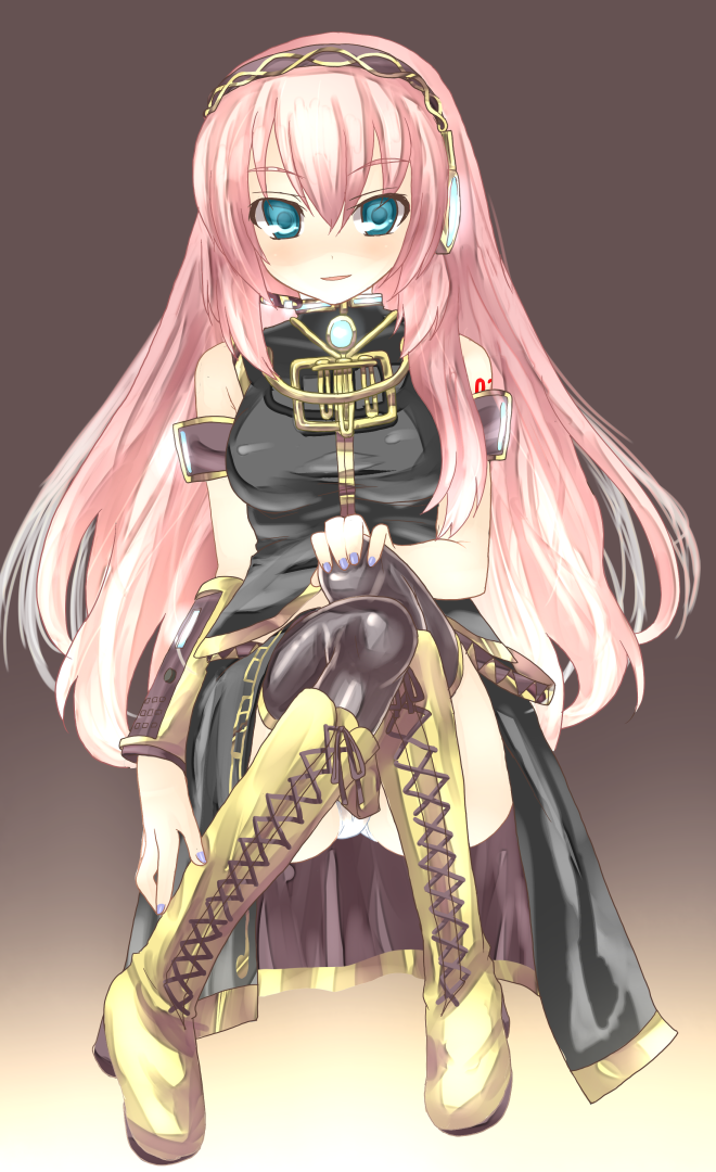 hiraga matsuri, hirasato, megurine luka, vocaloid, 1girl, blue eyes, boots, breasts, female focus, knee boots, long hair, looking at viewer, number tattoo, panties, pantyshot, pink hair, shoulder tattoo, sitting, solo, tattoo, thighhighs, underwear, white panties