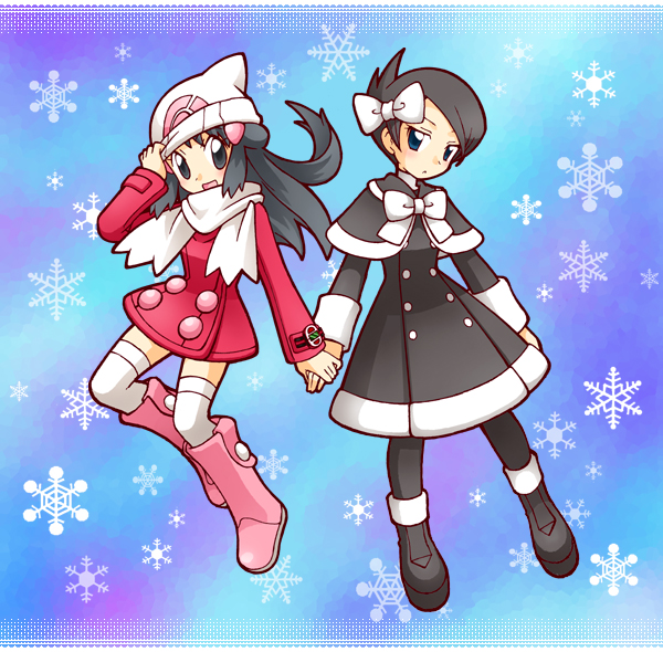 akitsu aosa, dawn (pokemon), marley (pokemon), nintendo, pokemon, pokemon dppt, pokemon platinum, 00s, 2girls, alternate costume, beanie, black hair, blue eyes, blue hair, blush, boots, coat, gothic lolita, hat, holding hands, lolita fashion, long hair, multiple girls, pantyhose, pink boots, ribbon, scarf, short hair, thighhighs, watch, white scarf, winter, winter clothes, wristwatch