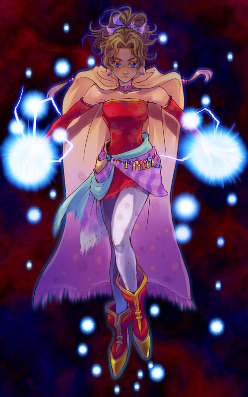 redace, tina branford, dissidia final fantasy, final fantasy, final fantasy vi, 1990s (style), 1girl, blonde hair, blue eyes, boots, cape, detached sleeves, elbow gloves, electricity, energy ball, female focus, gloves, green hair, high ponytail, long hair, magic, pantyhose, ponytail, retro artstyle, ribbon, short ponytail, solo