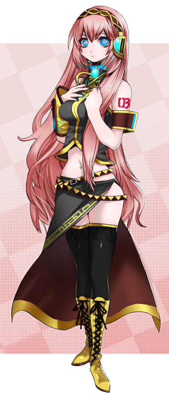 appleghost, yurizuka (sergeant heart), megurine luka, vocaloid, 1girl, blue eyes, boots, breast suppress, breasts, female focus, legs, long hair, number tattoo, pink hair, shoulder tattoo, solo, standing, tattoo, thighhighs