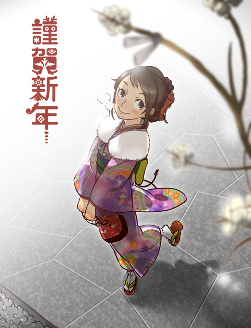 nanboku, blush, brown hair, clog sandals, floral print, floral print kimono, japanese clothes, kimono, print kimono, sandals, smile, solo, tabi, zouri