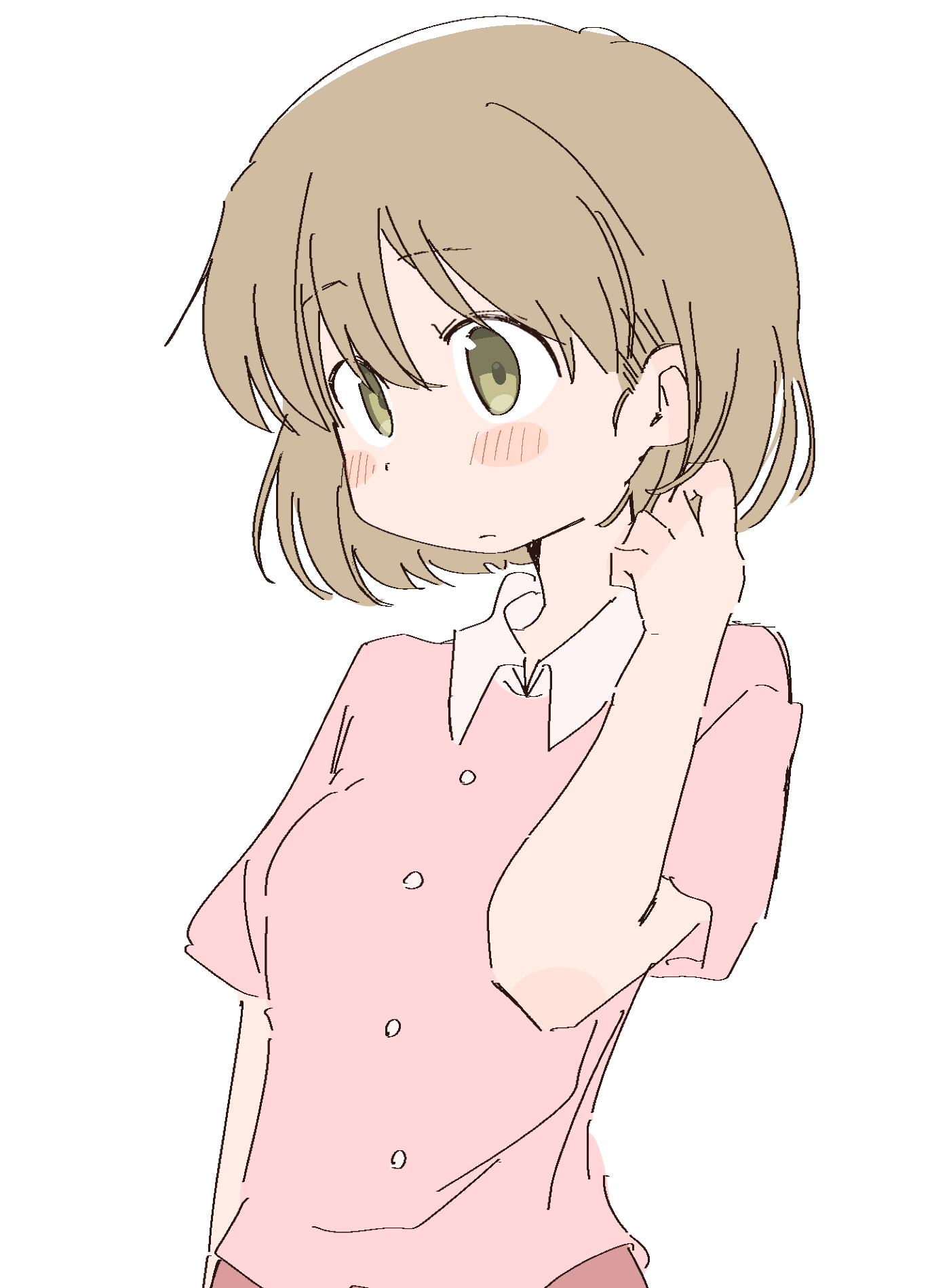 wichimi, niikura (city), city (arawi keiichi), highres, 1girl, blonde hair, blush stickers, buttons, closed mouth, collared shirt, cowboy shot, from side, green hair, hand up, looking ahead, pink shirt, pink skirt, shirt, short hair, short sleeves, simple background, skirt, solo, white background