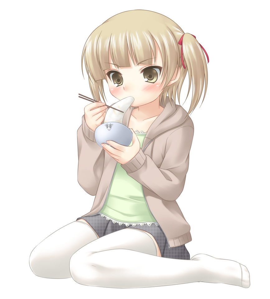 hazuki (etcxetc), marui mitsuba, mitsudomoe (manga), 1girl, blush, brown hair, child, chopsticks, feet, female focus, food, kneeling, mochi, short hair, short twintails, sitting, skirt, socks, solo, thighhighs, twintails, wagashi, white socks, white thighhighs, zouni soup