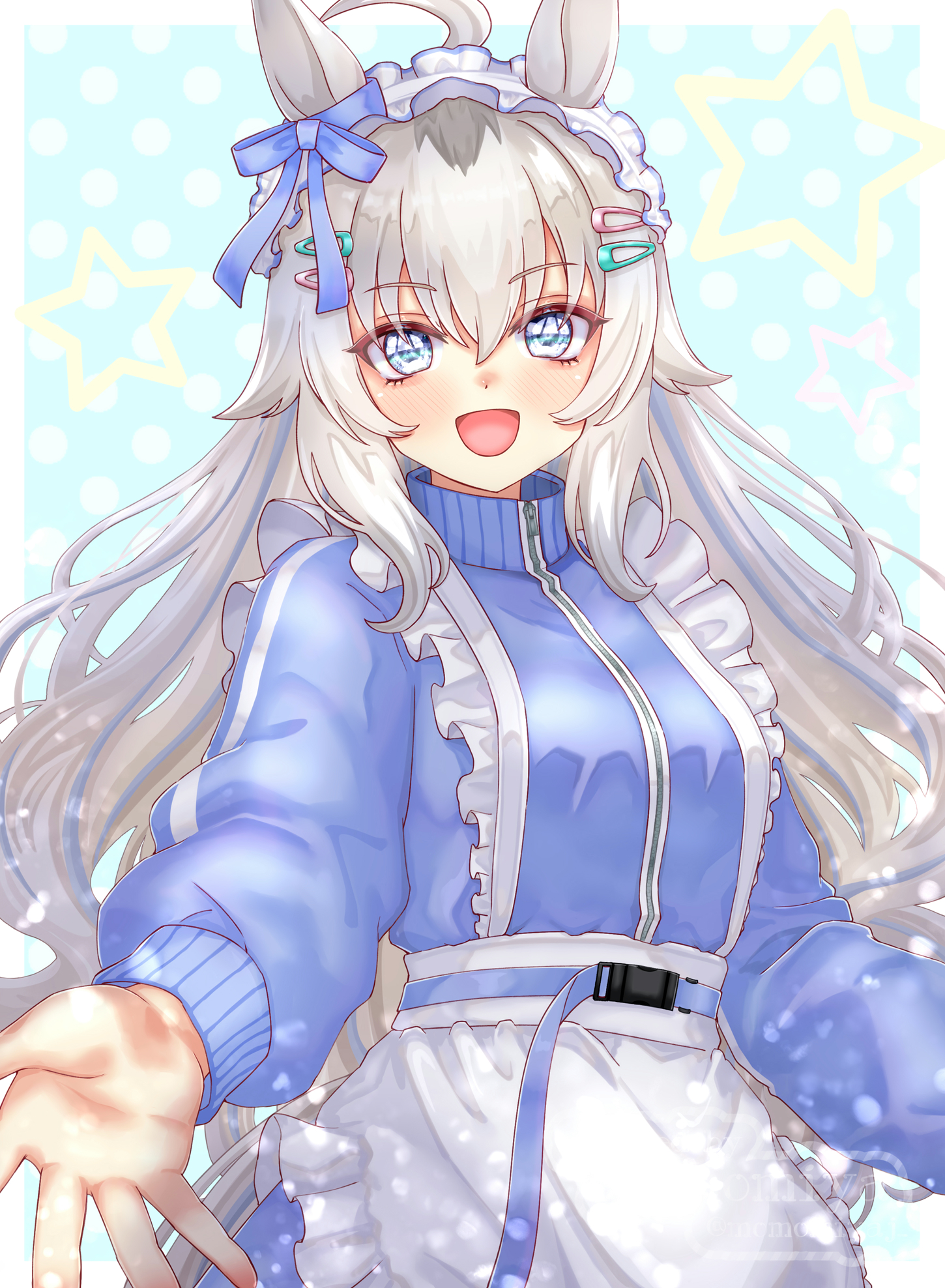 momomiyaj p, oguri cap (umamusume), umamusume, umamusume: cinderella gray, commentary request, highres, 1girl, ahoge, alternate costume, animal ears, blue eyes, blue jacket, blush, eating, food, grey hair, hair between eyes, hair ornament, hairclip, holding, horse ears, horse girl, jacket, jersey maid, long hair, long sleeves, looking at viewer, maid, maid headdress, multicolored hair, open mouth, simple background, smile, solo, track jacket, unconventional maid, upper body, white background, white headdress