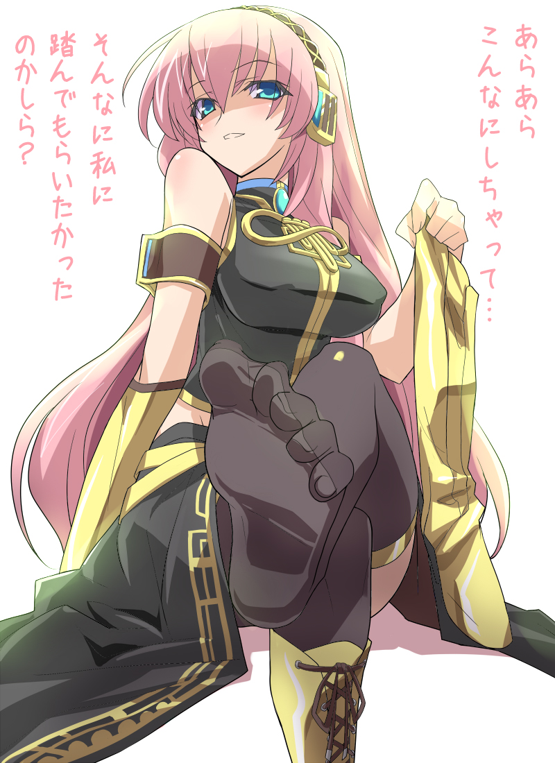 eeeeee, megurine luka, vocaloid, translated, blue eyes, boots, crossed legs, feet, foot focus, footjob, headphones, knee boots, long hair, penis, pink hair, shoes, single shoe, sitting, thighhighs, very long hair