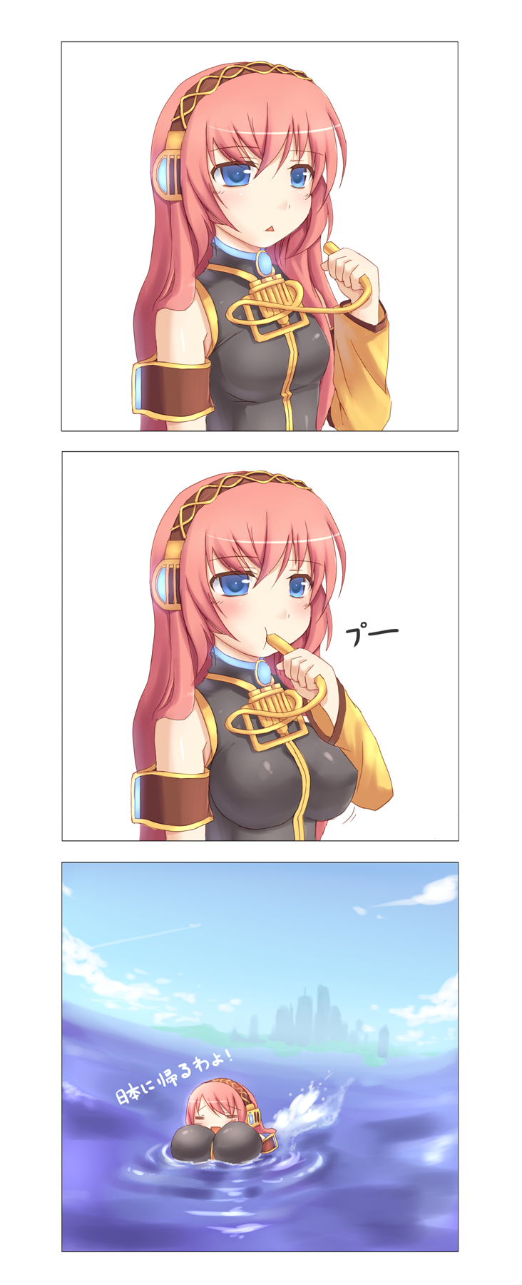 zenn, megurine luka, vocaloid, bad id, bad pixiv id, highres, translated, 1girl, 3koma, :<, :t, = =, blue eyes, breast expansion, breasts, comic, inflation, large breasts, long hair, pink hair, swimming, triangle mouth, water
