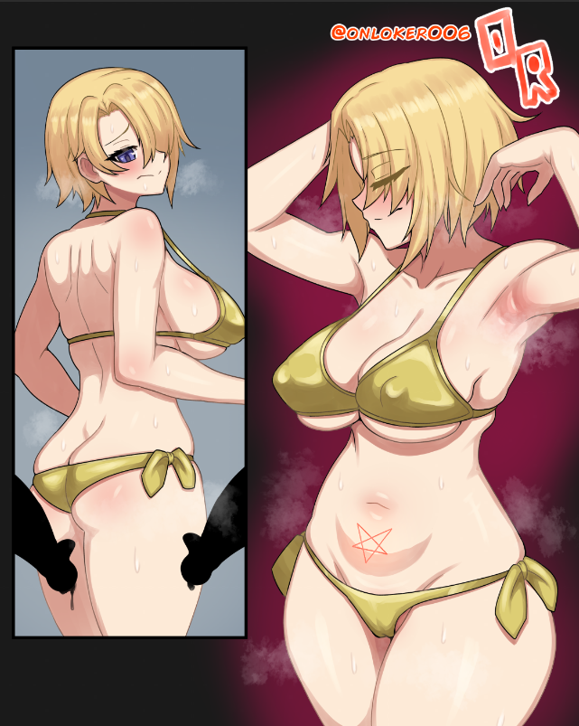 gilbert kurogane, bikini, blaze of the gem, blush, breasts, butt crack, large breasts, penis, swimsuit, thighs