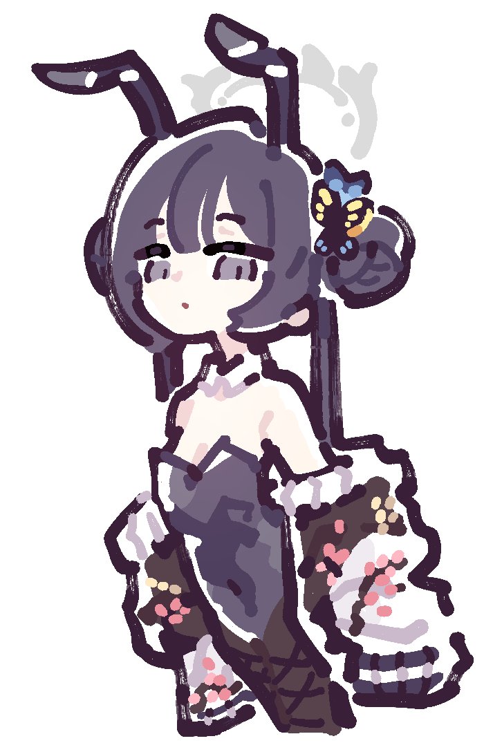294 (ranaga), kisaki (blue archive), blue archive, 1girl, animal ears, bare shoulders, black hair, black leotard, black pantyhose, breasts, butterfly hair ornament, covered navel, cropped legs, detached collar, double bun, fake animal ears, grey eyes, grey halo, hair bun, hair ornament, halo, jacket, leotard, long hair, looking at viewer, off shoulder, pantyhose, playboy bunny, rabbit ears, simple background, small breasts, solo, strapless, strapless leotard, twintails, white background