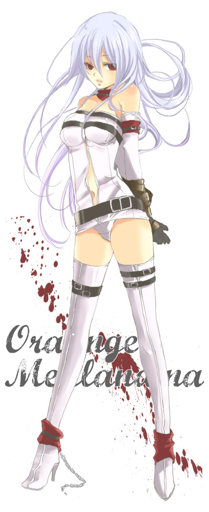 ogura, white footwear, bad id, bad pixiv id, 1girl, anklet, arms behind back, bare shoulders, belt, blood, blue hair, boots, chain, dress, elbow gloves, female focus, full body, gloves, high heel boots, high heels, jewelry, long hair, looking at viewer, panties, pantyshot, red eyes, shoes, short dress, simple background, solo, strapless, strapless dress, text focus, thigh boots, thighhighs, underwear, white background, white panties, white thighhighs