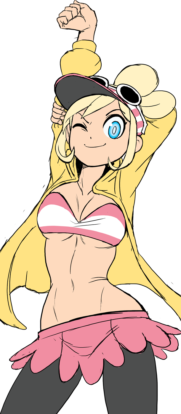 teevo, copella (surechigai fishing), surechigai fishing, arms behind head, arms up, blonde hair, blue eyes, bra, breasts, cleavage, cleft of venus, coraline (ultimate angler), leggings, looking at viewer, navel, one eye closed, ponytail, skirt, sun visor, sunglasses, ultimate angler, underboob, underwear, wink