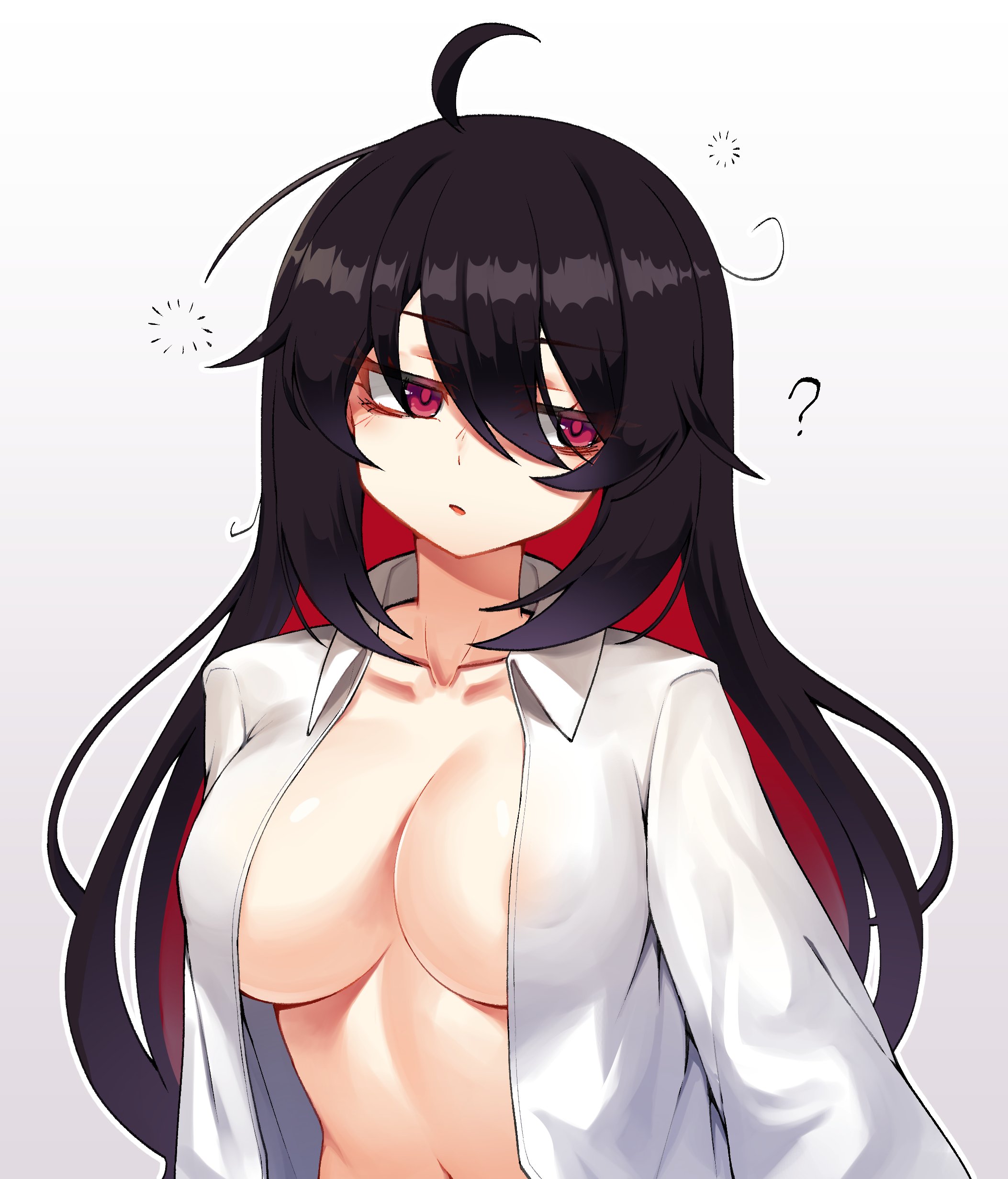 bippew, seele (alter ego), seele vollerei, honkai (series), honkai impact 3rd, absurdres, commentary, highres, 1girl, ?, ahoge, areola slip, black hair, breasts, colored inner hair, large breasts, multicolored hair, navel, no bra, open clothes, open shirt, red eyes, red hair, shirt, simple background, solo, stomach, two-tone hair, upper body, white background, white shirt