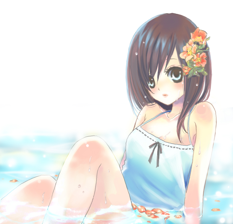 ogura, bad id, bad pixiv id, blue eyes, brown hair, camisole, flat chest, hair ornament, solo, water, wet, wet clothes
