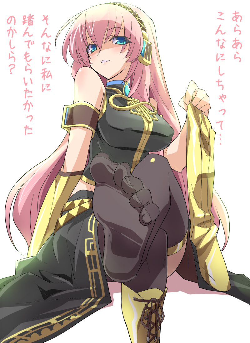 eeeeee, megurine luka, vocaloid, bad id, bad pixiv id, translated, 1girl, blue eyes, boots, crossed legs, feet, femdom, foot focus, footjob, knee boots, long hair, penis, pink hair, shoes, single shoe, sitting, solo, thighhighs, very long hair