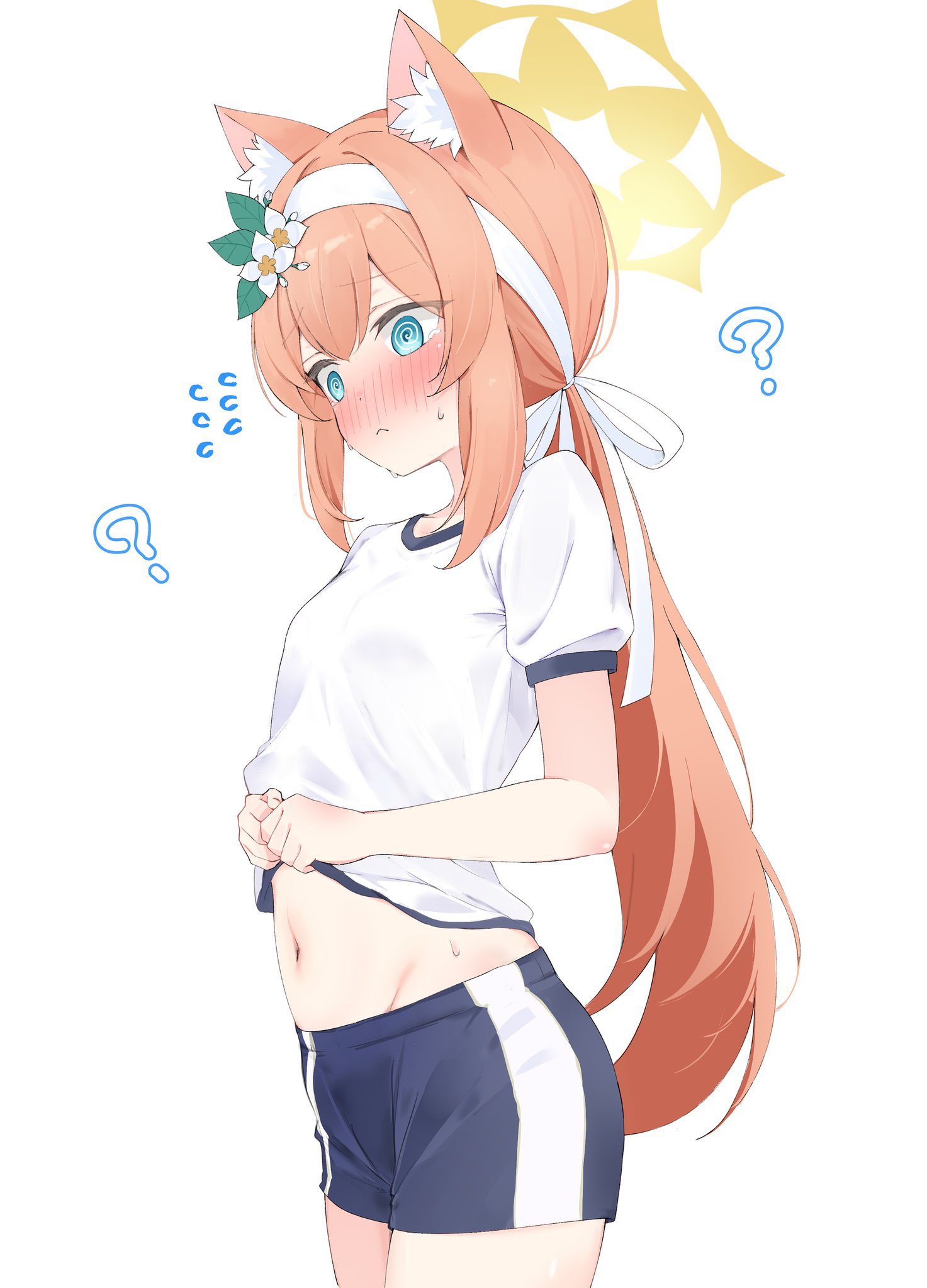 kero-san (kerosan63), mari (blue archive), mari (track) (blue archive), blue archive, highres, 1girl, ?, @ @, animal ear fluff, animal ears, blue eyes, blue shorts, blush, breasts, closed mouth, clothes lift, flower, flying sweatdrops, fox ears, gym shirt, gym shorts, gym uniform, hair flower, hair ornament, hairband, halo, headband, lifting own clothes, long hair, navel, official alternate costume, orange hair, ponytail, shirt, shirt lift, short sleeves, shorts, simple background, small breasts, solo, stomach, sweat, white background, white hairband, white headband, white shirt, yellow halo