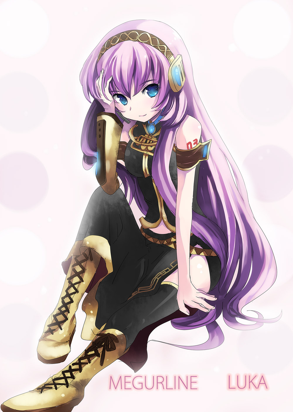 hikari no, megurine luka, vocaloid, highres, 1girl, blue eyes, boots, female focus, headphones, long hair, looking at viewer, pink hair, purple hair, sitting, smile, solo, thighhighs