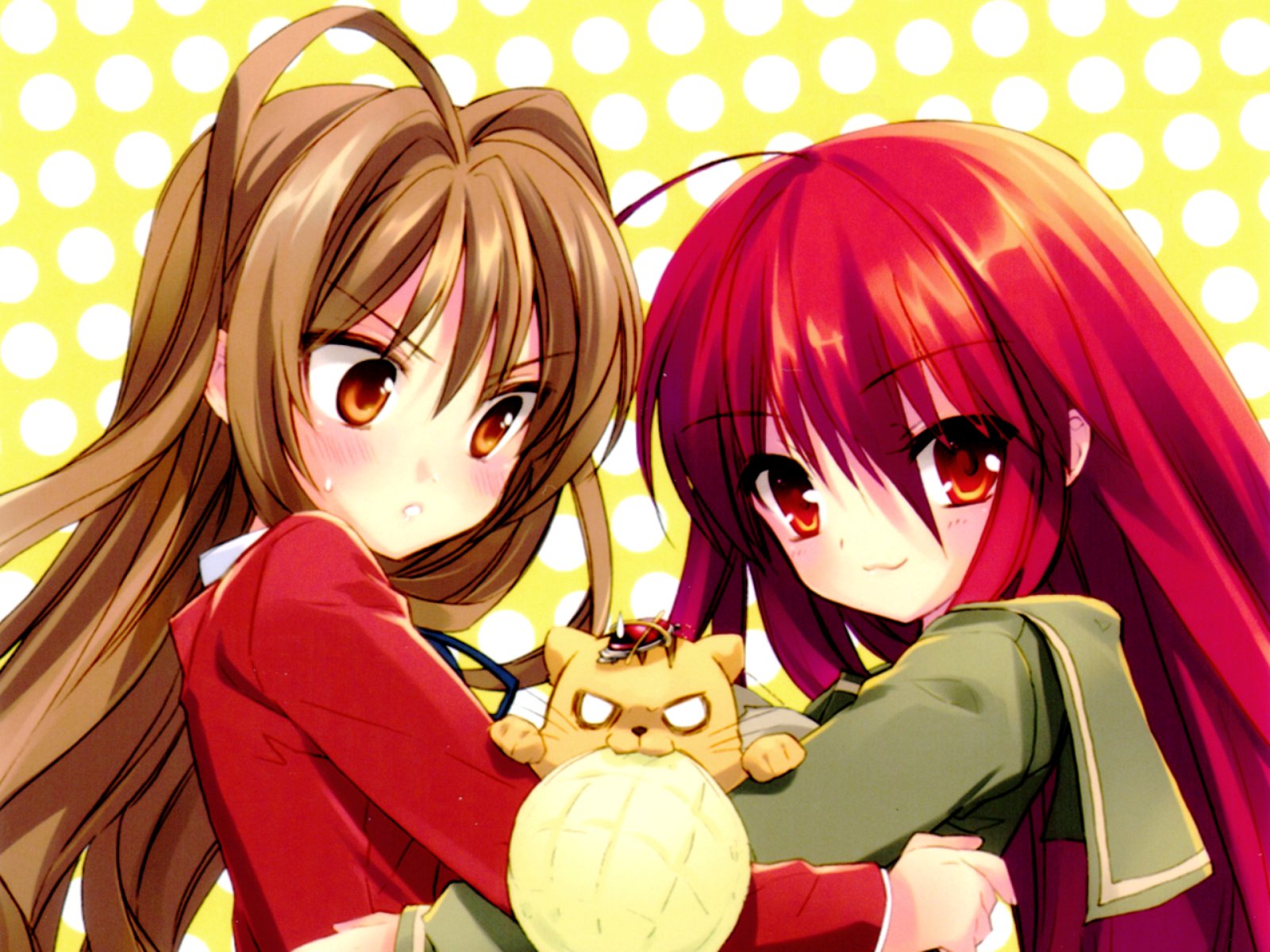 aisaka taiga, shana, shakugan no shana, toradora!, highres, 00s, :3, bread, food, melon bread