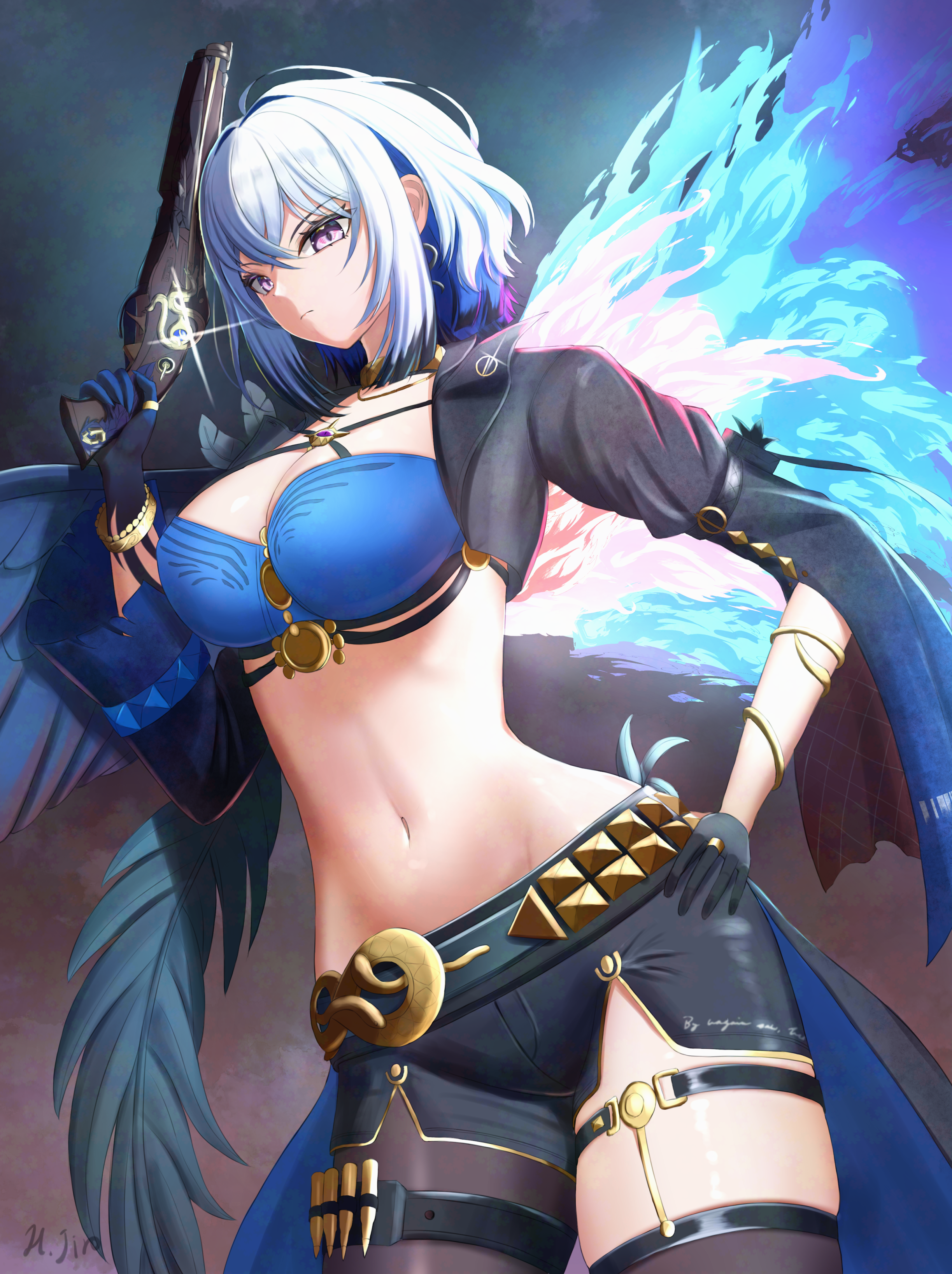 galbrena (wuthering waves), wuthering waves, absurdres, commentary request, highres, 1girl, asymmetrical wings, black gloves, black jacket, black pantyhose, black shorts, black thighhighs, blue bra, blue hair, bra, breasts, closed mouth, colored inner hair, cowboy shot, cropped jacket, earrings, gloves, grey hair, gun, hand on own hip, hand up, holding, holding gun, holding weapon, jacket, jewelry, large breasts, looking at viewer, medium hair, mismatched wings, multicolored hair, navel, pantyhose, purple eyes, shorts, single leg pantyhose, single thighhigh, solo, stomach, thighhighs, thighs, underwear, user fwuk5773, weapon, wings