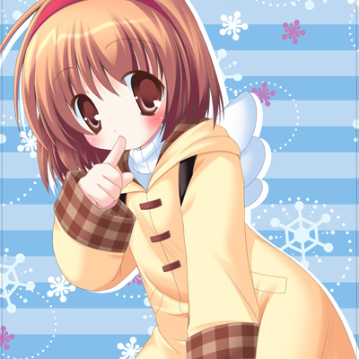 tsukimiya ayu, kanon, lowres, blush, brown eyes, brown hair, hairband, short hair, solo, wings