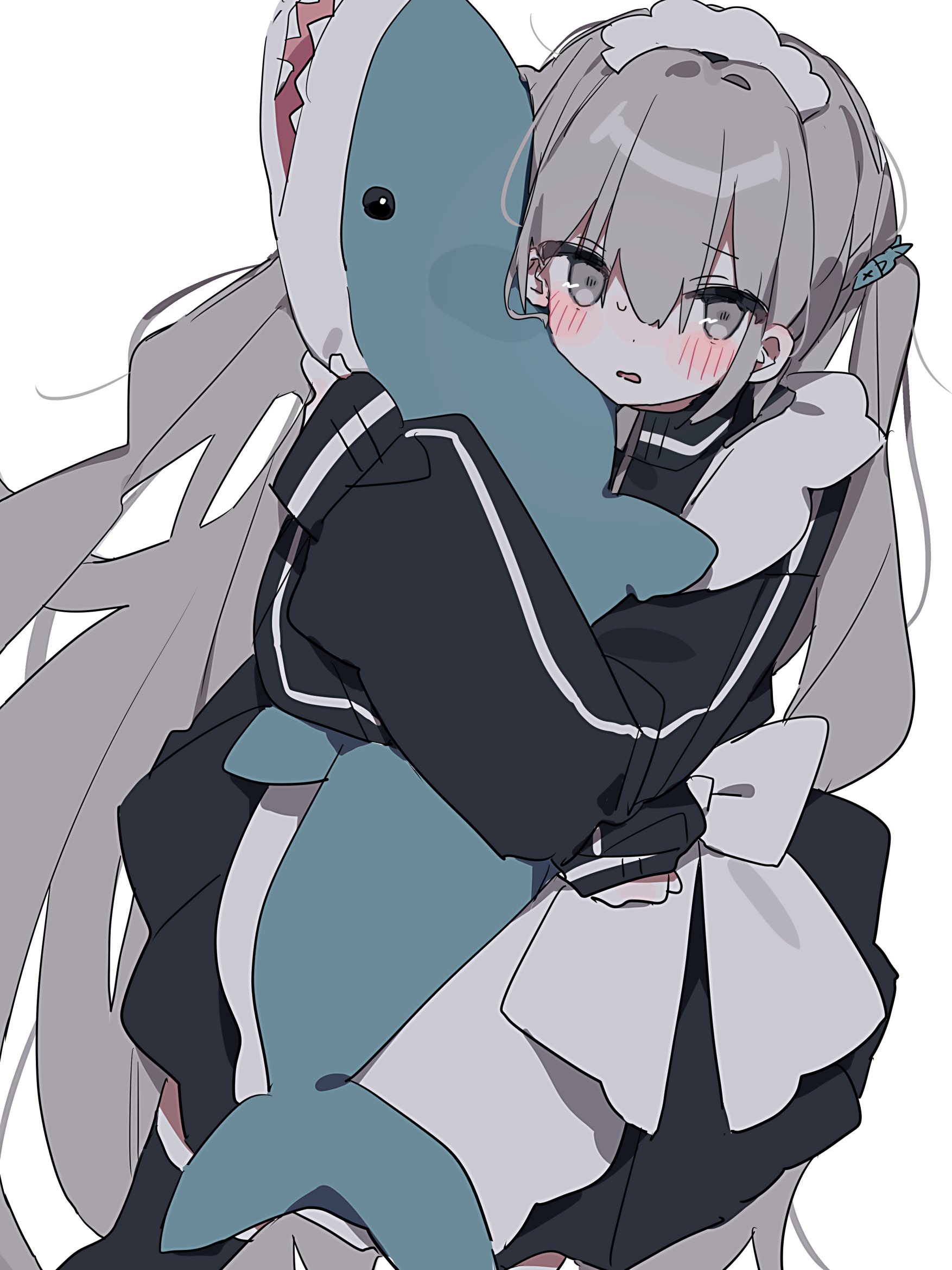 ameno (motiizamurai), original, highres, 1girl, apron, black jacket, black skirt, black thighhighs, blush, grey eyes, grey hair, hair between eyes, holding, holding stuffed toy, hugging object, jacket, long hair, long sleeves, looking at viewer, maid, maid apron, maid headdress, open mouth, simple background, skirt, sleeves past wrists, solo, stuffed animal, stuffed shark, stuffed toy, thighhighs, track jacket, twintails, unconventional maid, very long hair, white background