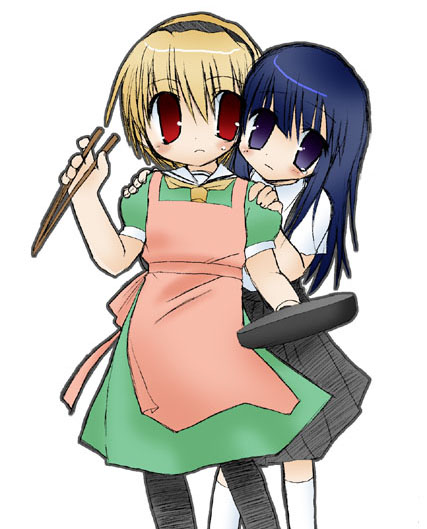 furude rika, houjou satoko, higurashi no naku koro ni, 00s, 2girls, apron, blonde hair, blue eyes, blue hair, chopsticks, dress, frying pan, green skirt, long hair, multiple girls, pantyhose, red eyes, short hair, skirt