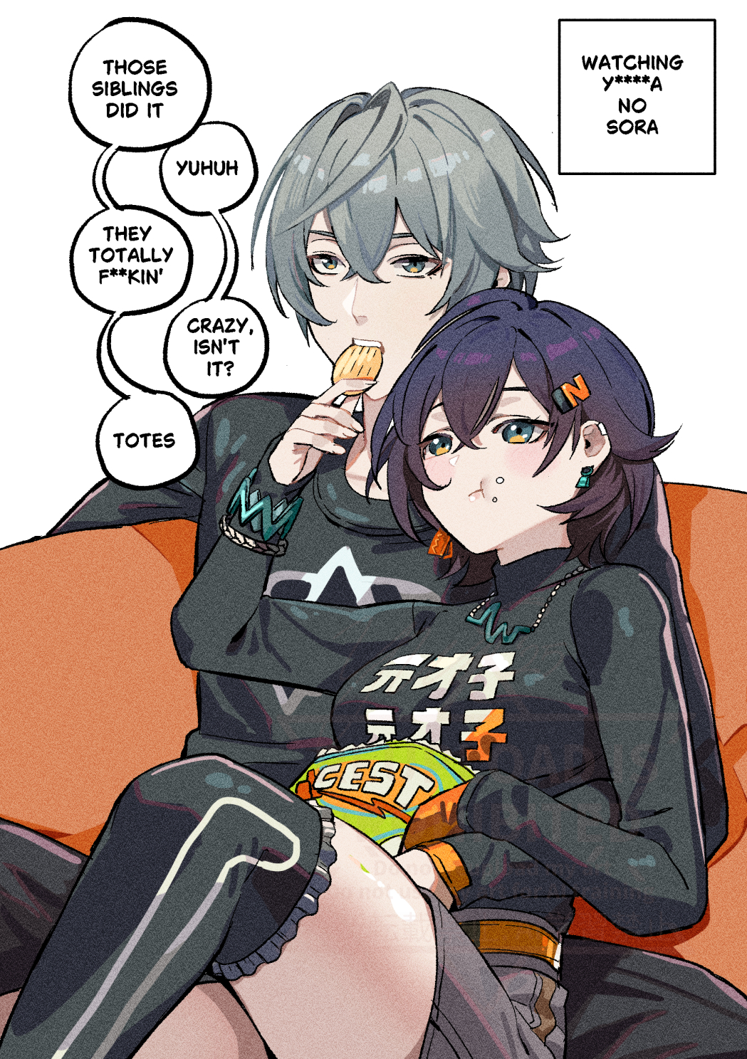 yusi vishnu, belle (zenless zone zero), wise (zenless zone zero), yosuga no sora, zenless zone zero, commentary, english commentary, highres, 1boy, 1girl, :t, belt, black hair, black pants, black sweater, black thighhighs, breasts, brother and sister, censored, censored text, chips (food), couch, earrings, eating, feeding, food, grey hair, grey shorts, hair between eyes, implied incest, jewelry, large breasts, long sleeves, on couch, orange belt, pants, potato chips, shirt, short hair, shorts, siblings, simple background, sitting, sweater, thighhighs, thighs, white background