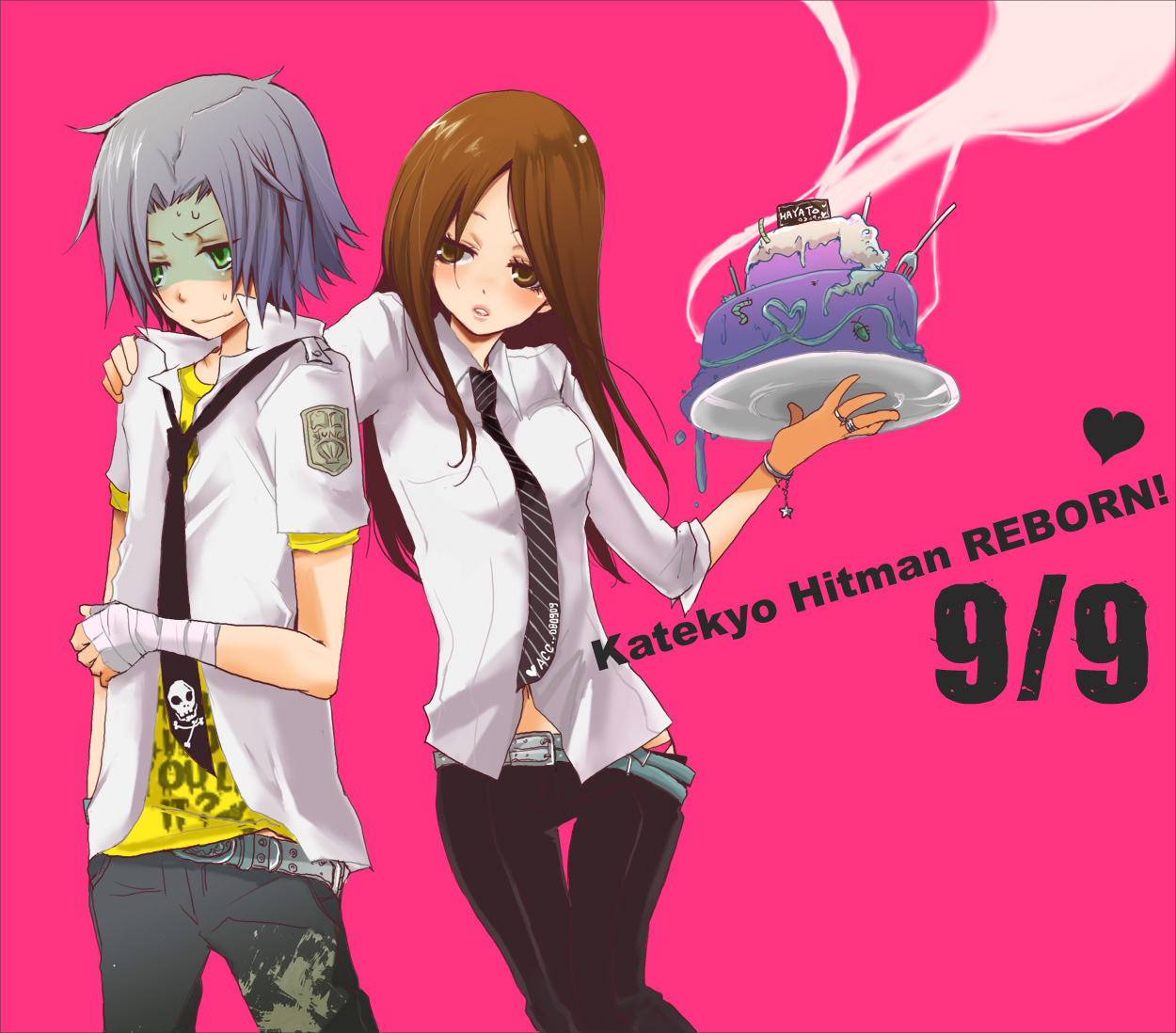 ogura, bianchi, gokudera hayato, katekyo hitman reborn!, bad id, bad pixiv id, 00s, 1boy, 1girl, bad food, blush, brown eyes, brown hair, cake, failure, food, long hair, necktie, panties, pastry, school uniform, siblings, thigh gap, thighs, underwear