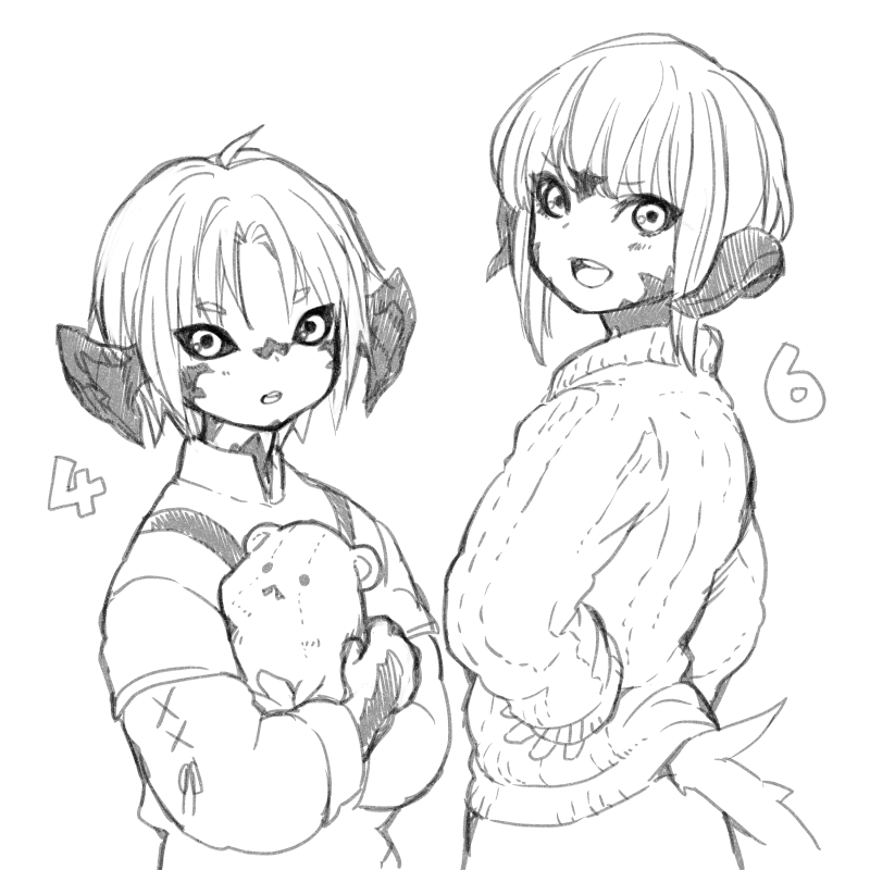 uroko (mnr), warrior of light (ff14), final fantasy, final fantasy xiv, commentary request, 1boy, 1girl, :d, :o, au ra, black sclera, character age, colored sclera, greyscale, holding, holding stuffed toy, horns, light blush, looking at viewer, monochrome, open mouth, simple background, sketch, smile, stuffed animal, stuffed toy, sweater, teeth, upper teeth only, white background
