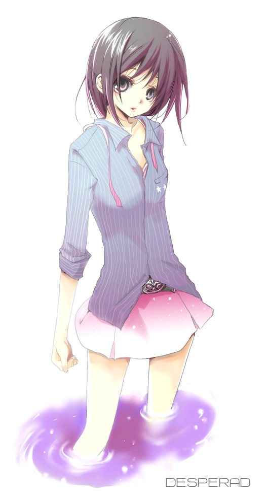 ogura, bad id, bad pixiv id, black hair, flat chest, skirt, solo, wading, water