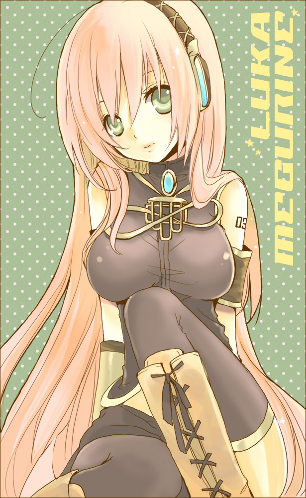 ogura, megurine luka, vocaloid, bad id, bad pixiv id, green eyes, hairband, headband, long hair, pink hair, solo, thighhighs, very long hair