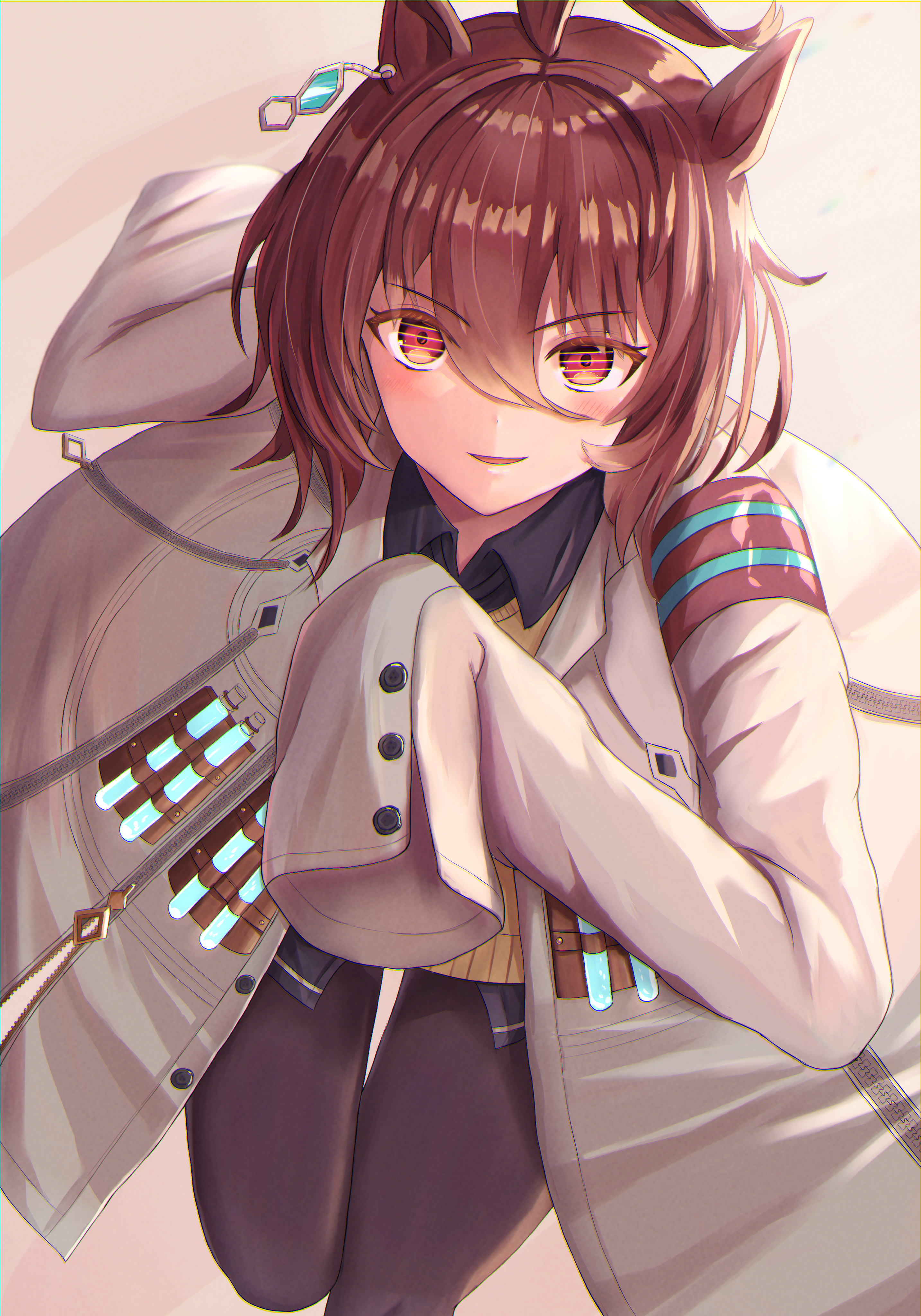 thurumu, agnes tachyon (umamusume), umamusume, absurdres, highres, 1girl, black pantyhose, black shirt, blush, brown hair, chemical structure, coat, collared shirt, ear ornament, earrings, hair between eyes, hem peeking out, jewelry, lab coat, long sleeves, medium hair, pantyhose, parted lips, red eyes, shirt, single earring, sleeves past fingers, sleeves past wrists, smile, solo, sweater, test tube, white coat, yellow sweater