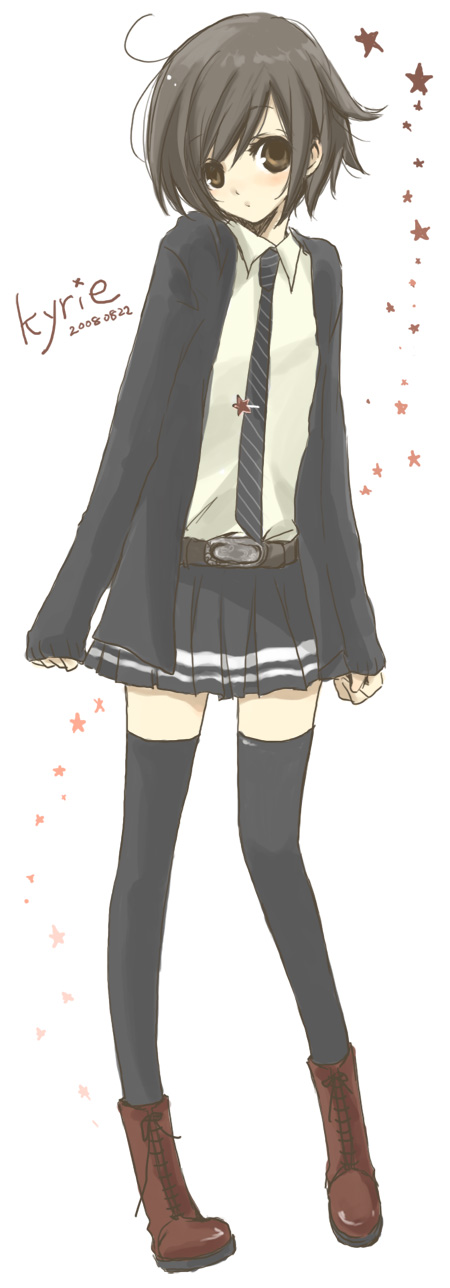 ogura, bad id, bad pixiv id, highres, black hair, brown eyes, necktie, short hair, skirt, solo, thighhighs, zettai ryouiki