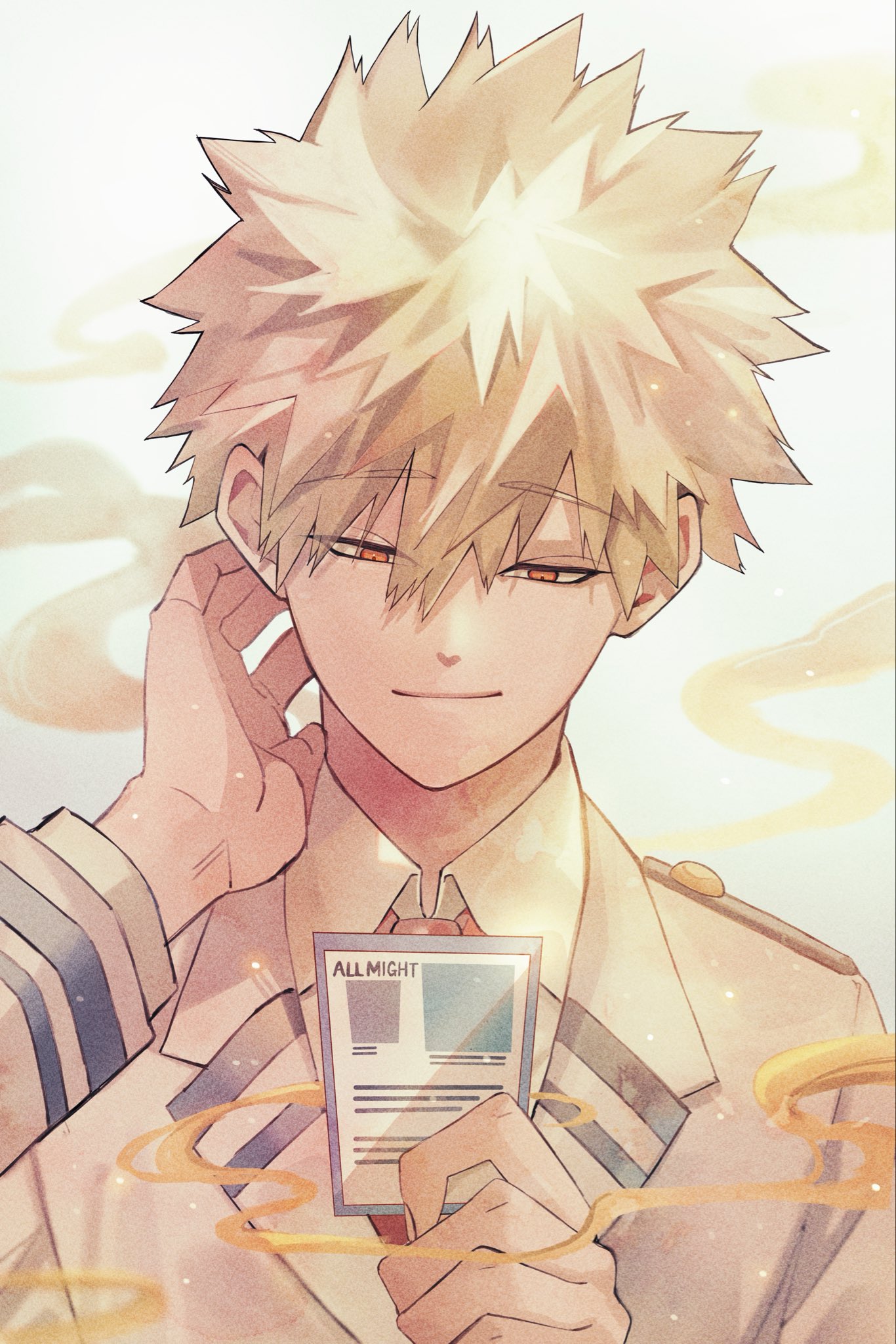 conconcon1031, bakugou katsuki, boku no hero academia, commentary request, highres, 1boy, blonde hair, card, closed mouth, collared shirt, grey jacket, hair between eyes, holding, holding card, jacket, lapels, layered sleeves, long sleeves, male focus, necktie, red eyes, red necktie, school uniform, shirt, short hair, smile, solo, spiked hair, u.a. school uniform, upper body, white shirt, wing collar