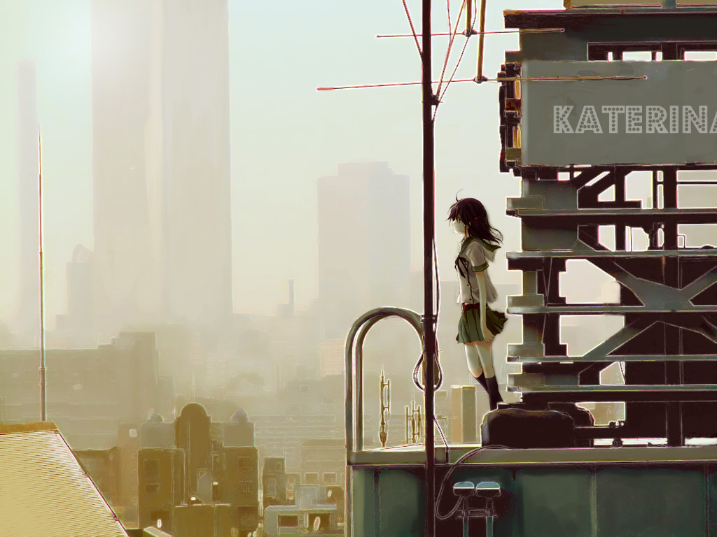 ogura, bad id, bad pixiv id, building, city, rooftop, scenery, school uniform, skirt, solo, wind